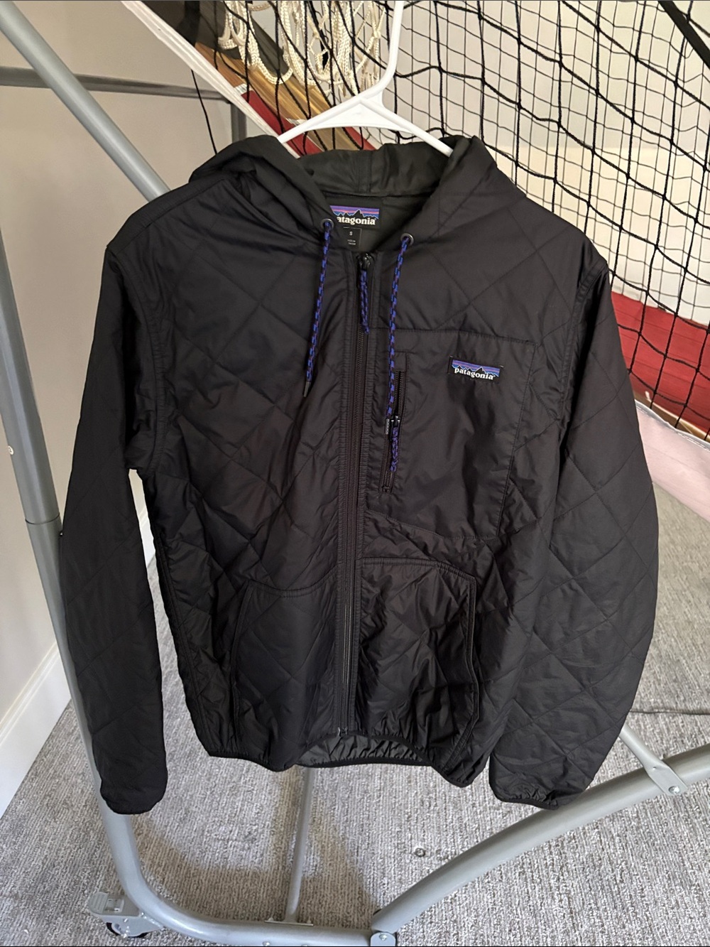 Patagonia Black Quilted Hooded Jacket with Blue Accents